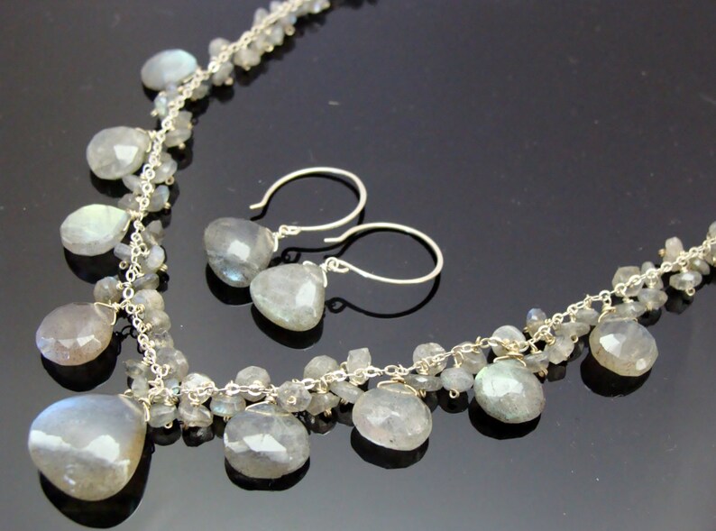 Set echte flash labradoriet ketting en oorbellen · 925 sterlingzilveren sieradenset · iriserende edelsteen cadeau voor haar afbeelding 2
