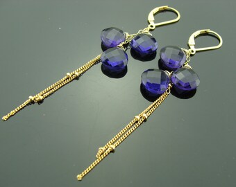 Orecchini pendenti con quarzo ametista sfaccettato • Chiusura a leva in oro 14 carati, gioielli con pietre preziose viola