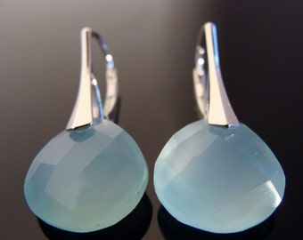 Aqua Blue Chalcedony 925 Sterling Silver Leverback Earrings