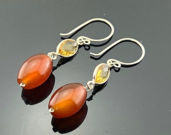 Carnelian and Citrine 925 Sterling Silver Earrings  Gift