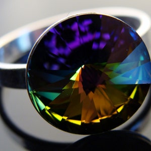 Multi Color Rivoli Ring · Swarovski 12mm Crystal · 925 Sterling Silver Jewelry · Size 7.5 Statement Ring · Gift for Her