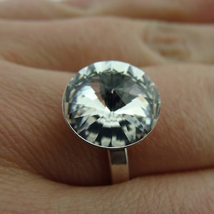 Crystal Clear Rivoli Ring · Swarovski 12mm Stone · 925 Sterling Silver Jewelry · Size 7.5 Statement Ring · Gift for Her