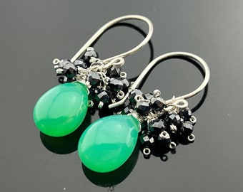 Green Chalcedony and Black Pyrite 925 Sterling Silver or 14K Gold Filled Cluster Earrings