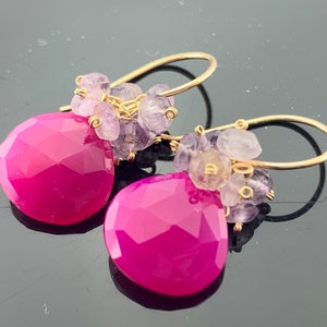 Hot Pink Chalcedony & Amethyst · 14K Gold Filled or Sterling Silver Cluster Earrings · Bold Color Gem Gift · Handmade for Her