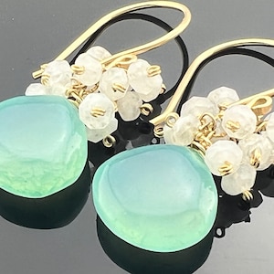 Aqua Blue Chalcedony & Rainbow Moonstone · Cluster Earrings · 925 Sterling Silver or 14K Gold Filled · Soft Glow Gems · Gift for Her