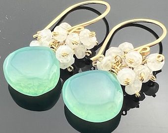 Aqua Blue Chalcedony & Rainbow Moonstone · Cluster Earrings · 925 Sterling Silver or 14K Gold Filled