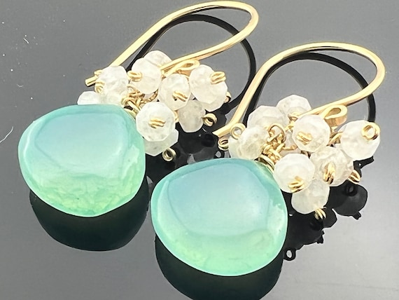 Aqua Blue Chalcedony & Rainbow Moonstone · Cluster Earrings · 925 Sterling Silver or 14K Gold Filled