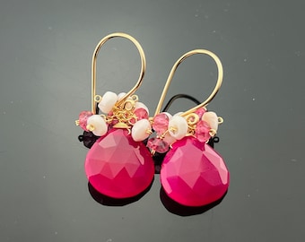 Hot Pink Chalcedony Pink Topaz and Pink Opal 14K Gold Filled Cluster Earrings Gift