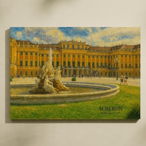 Grand Palace Fountain Landscape Painting, Vintage European Architecture Spring Decor, Pastel Historic Courtyard Printable Wall Art 005