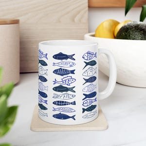 Blue Fish Ceramic Mug: Coastal Scandinavian Coffee Cup, Fish Lover Gift