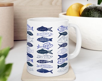 Keramische mok blauwe vis: Scandinavische kustkoffiekop, cadeau visliefhebber