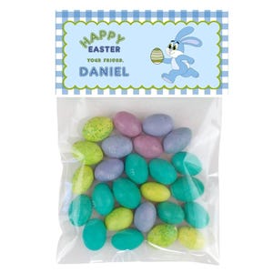 May include: A clear plastic bag filled with colorful Easter candy. The bag is topped with a blue and white gingham patterned card that reads "HAPPY EASTER YOUR FRIEND. DANIEL" with a cartoon bunny holding an Easter egg.