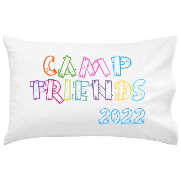 2024 Camp Friends Wood Letters Bright Pillowcase | Autograph Summer Camp Pillowcase | Sleepaway Camp Pillow Cover | Camp Gift Pillowcase
