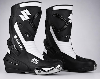 Suzuki GSX-R racelaarzen, motorbikerschoenen, raceklaar leer| Motorsportkleding, straat- en rijbescherming