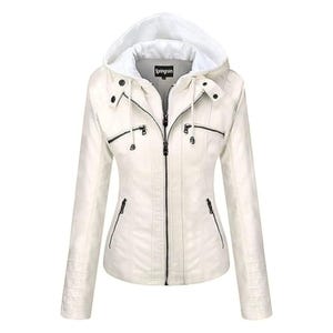 Women’s White Sheepskin Leather Moto Jacket | Handmade Biker Coat with Detachable Hood | Vintage Coat