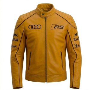 May include: Mustard yellow leather jacket with black accents and a stand-up collar. Features the Audi logo, "RS" lettering, and Red Bull and Michelin branding. Includes a zip closure and two front pockets.