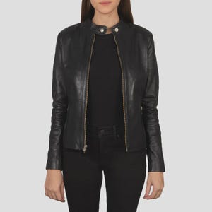 Handmade Black Sheepskin Leather Biker Jacket: Women&#39;s Moto Coat