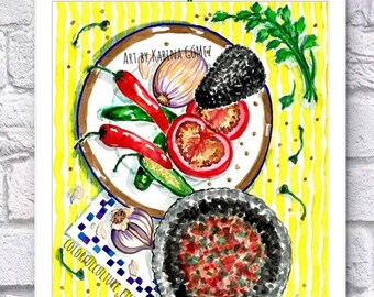 La Endiablada/Pico de Gallo&quot;Original Painting & Prints by Karina Gomez-Mexican Food Art-Kitchen Wall Decor-Cocina Mexicana Poster-Hot Salsa
