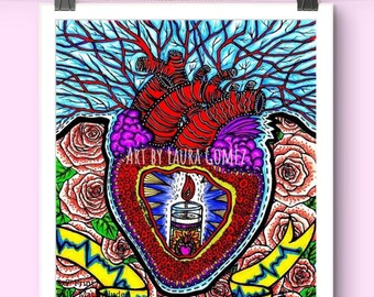 A Corazon Abierto - Open Heart " Painting Drawing -Giclee Art Print of Original Art by Laura Gomez-Mexican Art-Sacred Heart -Corazon Sagrado