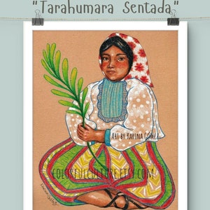 May include: A colorful illustration of a seated woman wearing a red and white patterned headscarf and a white dress with blue and white polka dots. She is holding a green branch in her hands. The woman is wearing a red, yellow, and green skirt with a geometric pattern. The background is a light brown color. The text "Art by Karina Gomez" and "Colorfulculture.etsy.com" are visible in the image.