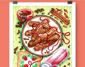El Antojo/Los Churros Rellenos"Original Painting & Prints by Karina Gomez-Mexican Food Art-Kitchen Wall Decor-Cocina Mexicana Poster-Gifts