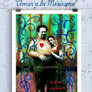 Un Amor a la Mexicana&quot;Original Art & Prints by Laura Gomez- Mexican Folk Art-Frida Kahlo Diego Rivera Poster-Latin Hispanic Wall Decor-Gift