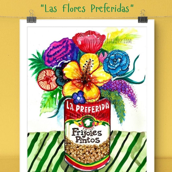 Las Flores Preferidas"Pinturas y grabados originales de Karina Gomez-Arte popular mexicano-Decoración de la pared de la cocina-Cartel de Cocina Mexicana-Comida para