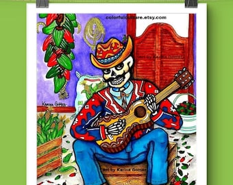 La Cosecha/The Harvest"Original Art by Karina Gomez-Mexican Folk Prints-Day of the Dead Poster-Dia de Muertos Wall Decor-Sombrero Charro for