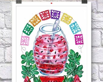 Agua Fresca de Sandia,Watermelon Water"Original Art & Prints by Karina Gomez,Kitchen Cocina Decor, Mexican Food Poster,Latino Wall Arte,Gift