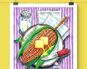 Elote en Palo/Corn" Pintura original y láminas de Karina Gomez - Arte de comida mexicana - Decoración de pared para la cocina - Póster de cocina moderna - Regalo mexicano para ella
