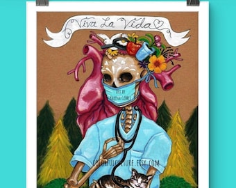 Viva la Vida"Original Painting by Karina Gomez-Mexican Cat Folk Art-Day of the Dead Prints-Dia de los Muertos Gato Poster-Vet Wall Decor for