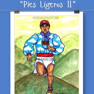 May include: A watercolor painting of a person running with a blue shirt with white clouds, a red sash, and a black number one on their chest. The person is running on a green hill with a yellow sky. The painting is titled "Pies Ligeros II" and is signed by the artist, Karina Gomez.