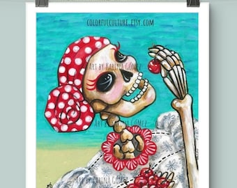 La Cherry"Art by Karina Gomez-Mexican Folk Art-Arte Mexicano-Catrina Calavera Prints-Dia de los Muertos Poster-Day of the Dead Sugar Skulls