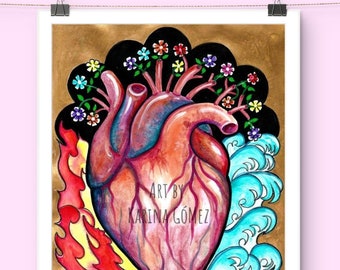 Corazon Elemental"Original Painting & Prints by Karina Gomez-Mexican Folk Art-Anatomical Heart Poster-Anatomico Wall Decor-Elementos Fire
