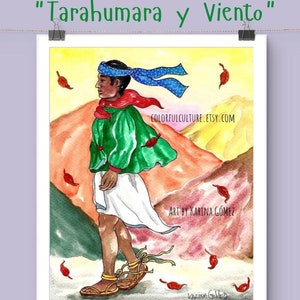 May include: Watercolor painting of a person wearing a green shirt, white skirt, and blue headband walking through a mountainous landscape. The painting is titled "Tarahumara y Viento" and is signed by the artist, Karina Gomez.