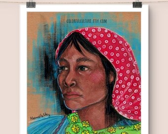 Tarahumara Pensando/Thinking Rarámuri" Pintura e impresión original de Karina Gómez - Póster de Arte Mexicano - Arte popular mexicano - Decoración de mujer indígena