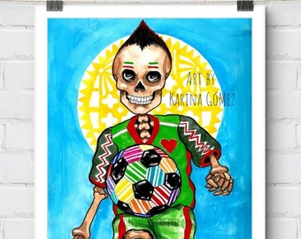 Pelotudo"Mexican Folk Art by Karina Gomez,Arte Mexicano,Football Futbol Catrina Calavera,Dia de Muertos/Day of the Dead Sugar Skull Decor