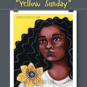 Yellow Sunday&quot;Original Painting & Print by Karina Gomez-Mexican Folk Art,Dark Skin Woman,Mujer Morena Mexicana,Brown Ethnic Girl, Indigenous