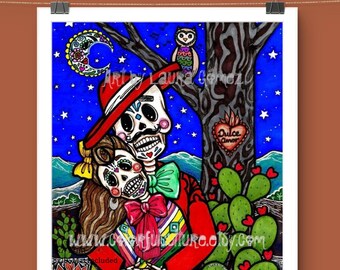 Dulce Amor/Sweet Love"Art by LAURA GOMEZ,Day of the Dead/Dia de Muertos-Mexican Folk Art,Altar Novios Decor,Prints Poster Wall,Couple Gift