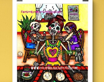 Hora del Desayuno!/ Breakfast Time!"Art by LAURA GOMEZ-Day of the Dead/Dia de Muertos Kitchen-Mexican Folk Art-Sugar Skull Print,Catrina her