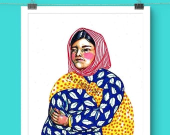 Abrazo Tarahumara/Rarámuri "Mujer Chihuahua" - Pintura y grabados originales de Karina Gómez - Arte popular mexicano - Decoración de pared con niña indígena