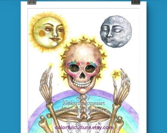 Dia y Noche/Day and Night"Original Art by Karina Gomez,Dia de Muertos Prints-Day of the Dead Poster-Mexican Folk Illustration-Special Gifts