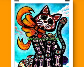 Bad Luck?My Tail!/Mala Suerte?!Mi Cola!!"Painting by Laura Gomez-Day of the Dead Cat-Dia de Muertos Gato-Original Mexican Folk Art-Prints