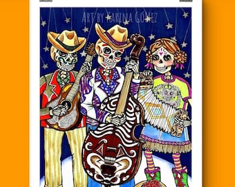 Serenata Norteña"Drawing Illustration by Karina Gomez-Original Mexican Folk-Day of the Dead Art-Dia de Muertos Prints-Posters Wall Decor for