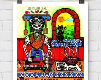 La Cocina de la Abuela/Grandma's Kitchen"Original Art & Prints by Laura Gomez Mexican Folk Wall Decor-Day of the Dead Poster-Cocina Mexicana