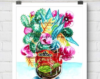 Flores con Nopalitos"Original Painting & Prints by Karina Gomez,Home Kitchen Decor,Mexican Cocina Flowers,Folk Latino Cactus,Wall Art Poster