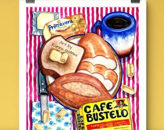 Los Tres Amigos"Original Painting & Prints by Karina Gomez-Mexican Folk Art -Kitchen Wall Decor-Cocina Mexicana Poster-Pan Panecito Mexicano