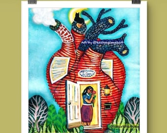 Mi Casa es Tu Casa"Original Painting by Karina Gomez-Mexican Folk Art-Corazon Anatomico Prints- Anatomic Heart Poster-Home Wall Decor-Gifts