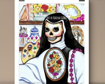 Engaño Colorido"Sor Juana Ines de la Cruz,Original Mexican Folk Art by Karina Gomez,Print Poster Wall Decor,Day of the Dead,Dia de Muertos