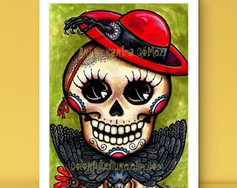 Mamá Cuervo" Mexican Folk Art by Karina Gomez-Dia de Muertos/Day of the Dead Prints,Latina Hispanic Wall Decor,Catrina Mom Skull,Gift Ideas